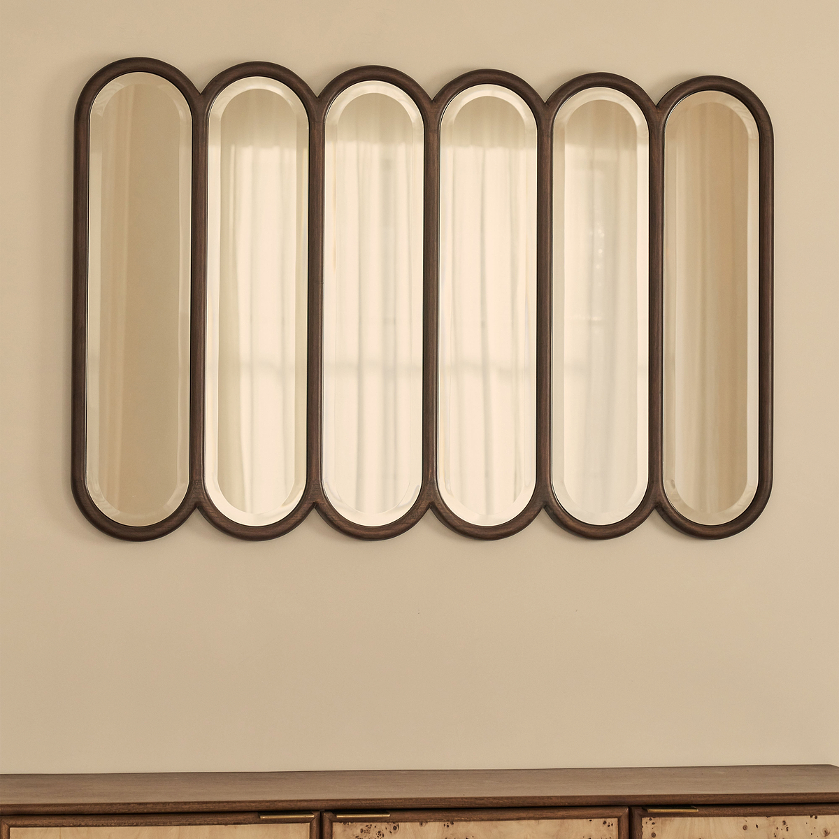 Reims - Dark Wood Arched Panel Wooden Mirror 120cm x 80cm