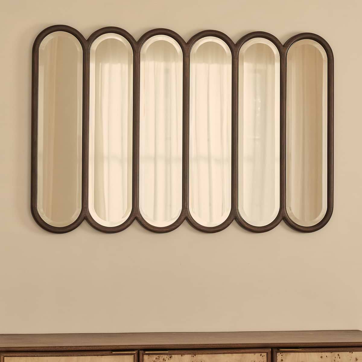 Reims - Dark Wood Arched Panel Wooden Mirror 120cm x 80cm