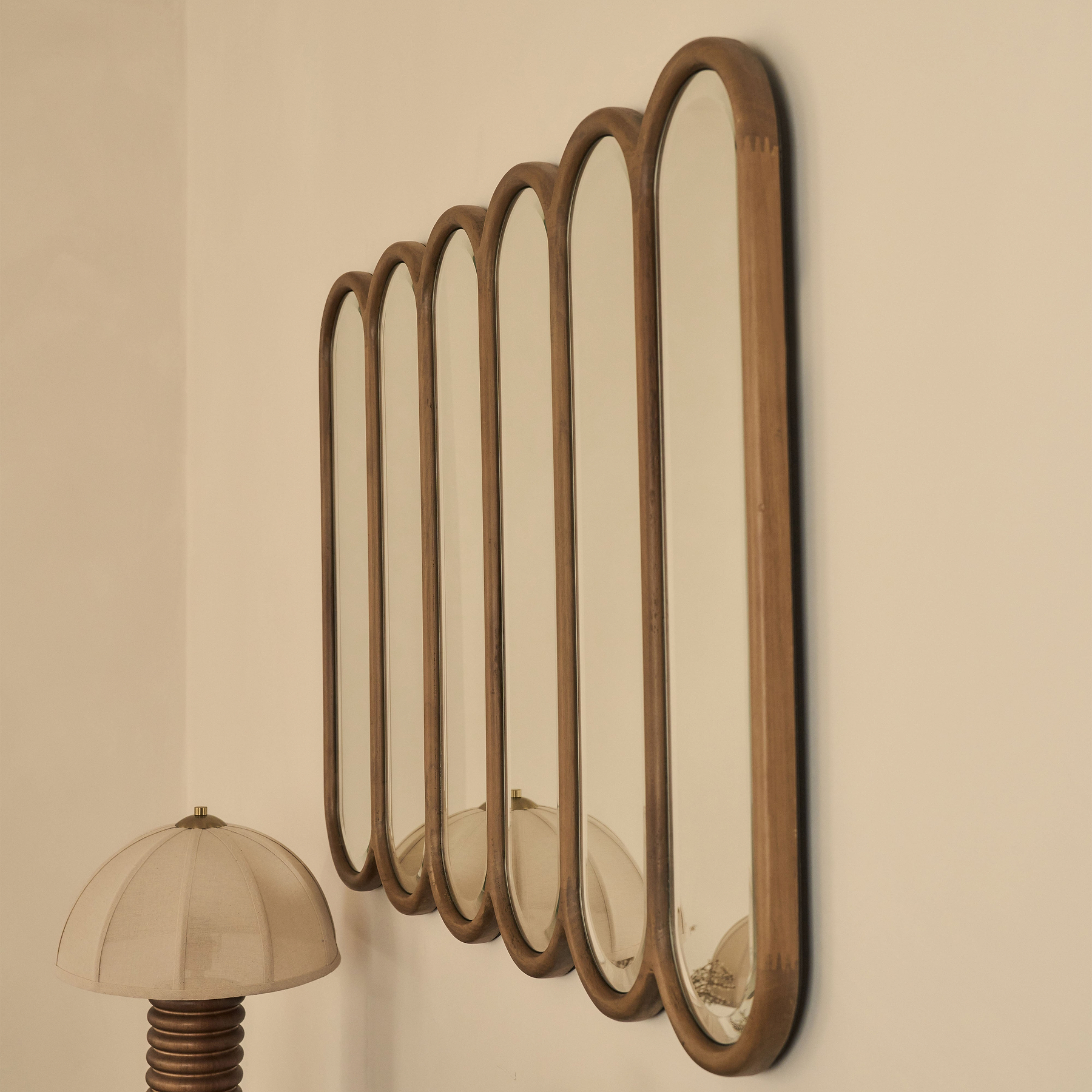 Reims - Warm Wood Arched Panel Wooden Mirror 120cm x 80cm