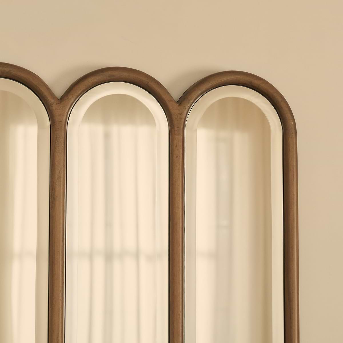 Reims - Warm Wood Arched Panel Wooden Mirror 120cm x 80cm