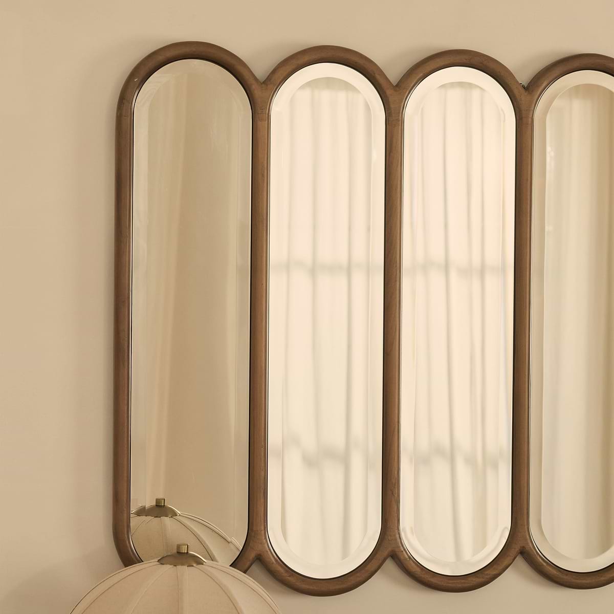 Reims - Warm Wood Arched Panel Wooden Mirror 120cm x 80cm