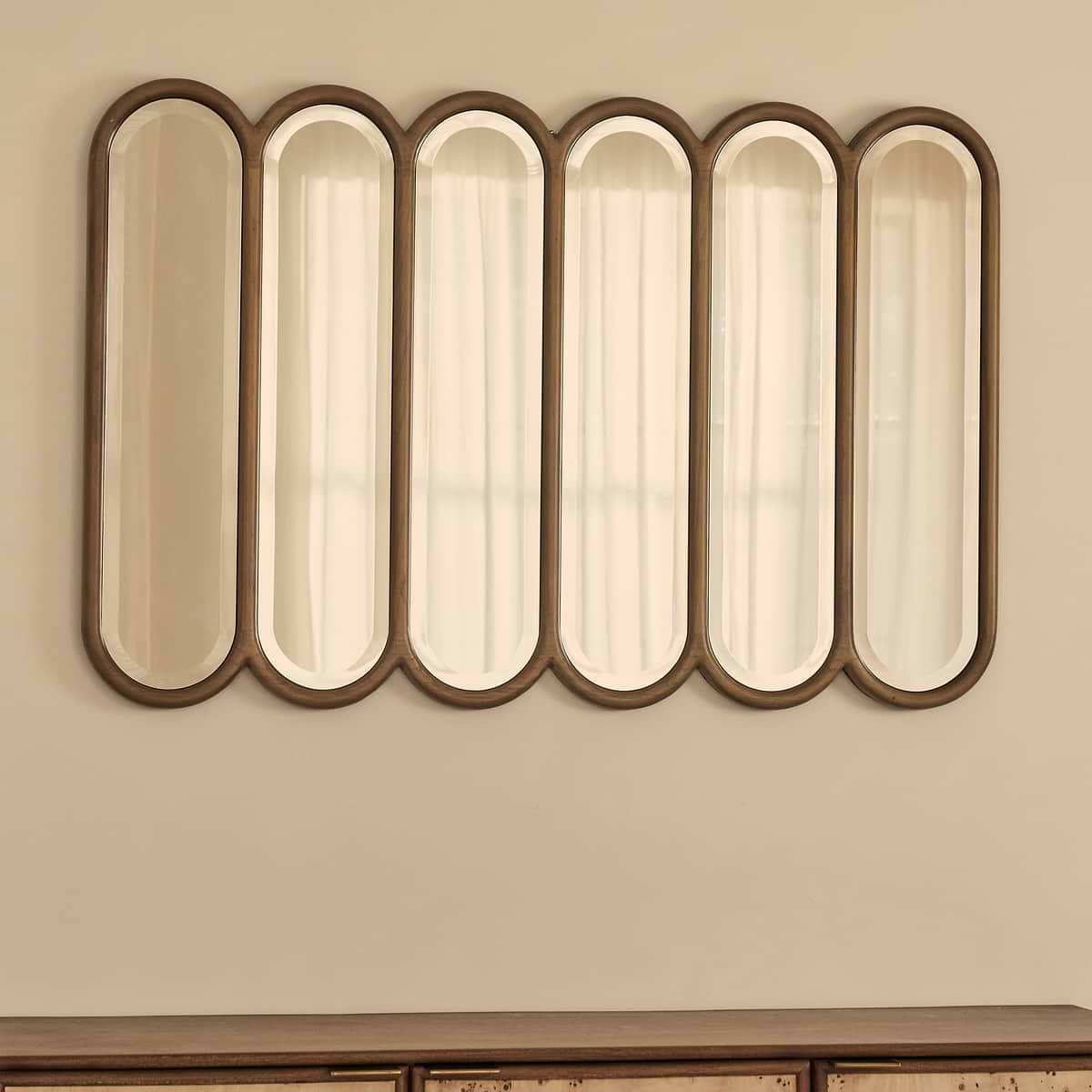 Reims - Warm Wood Arched Panel Wooden Mirror 120cm x 80cm