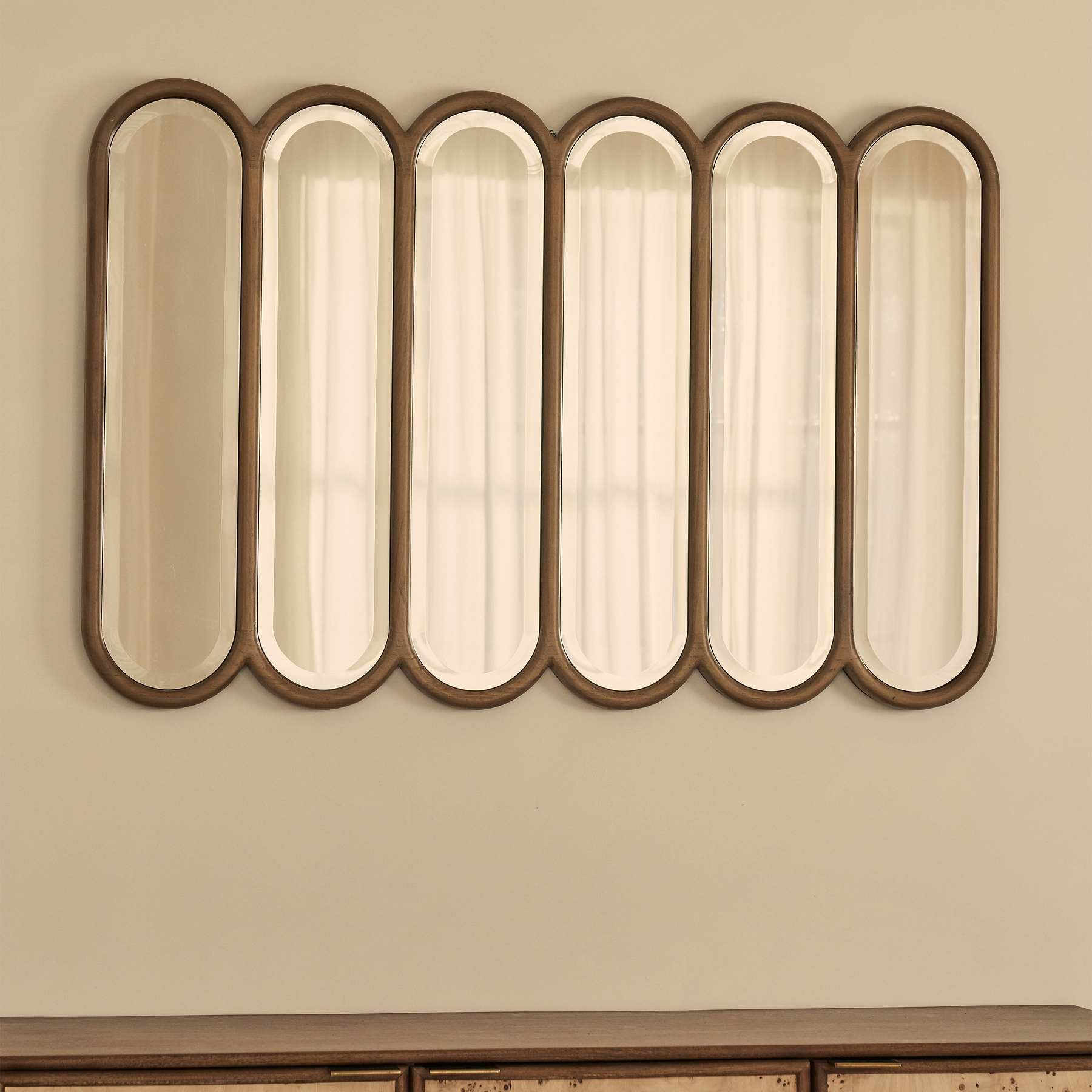 Reims - Warm Wood Arched Panel Wooden Mirror 120cm x 80cm