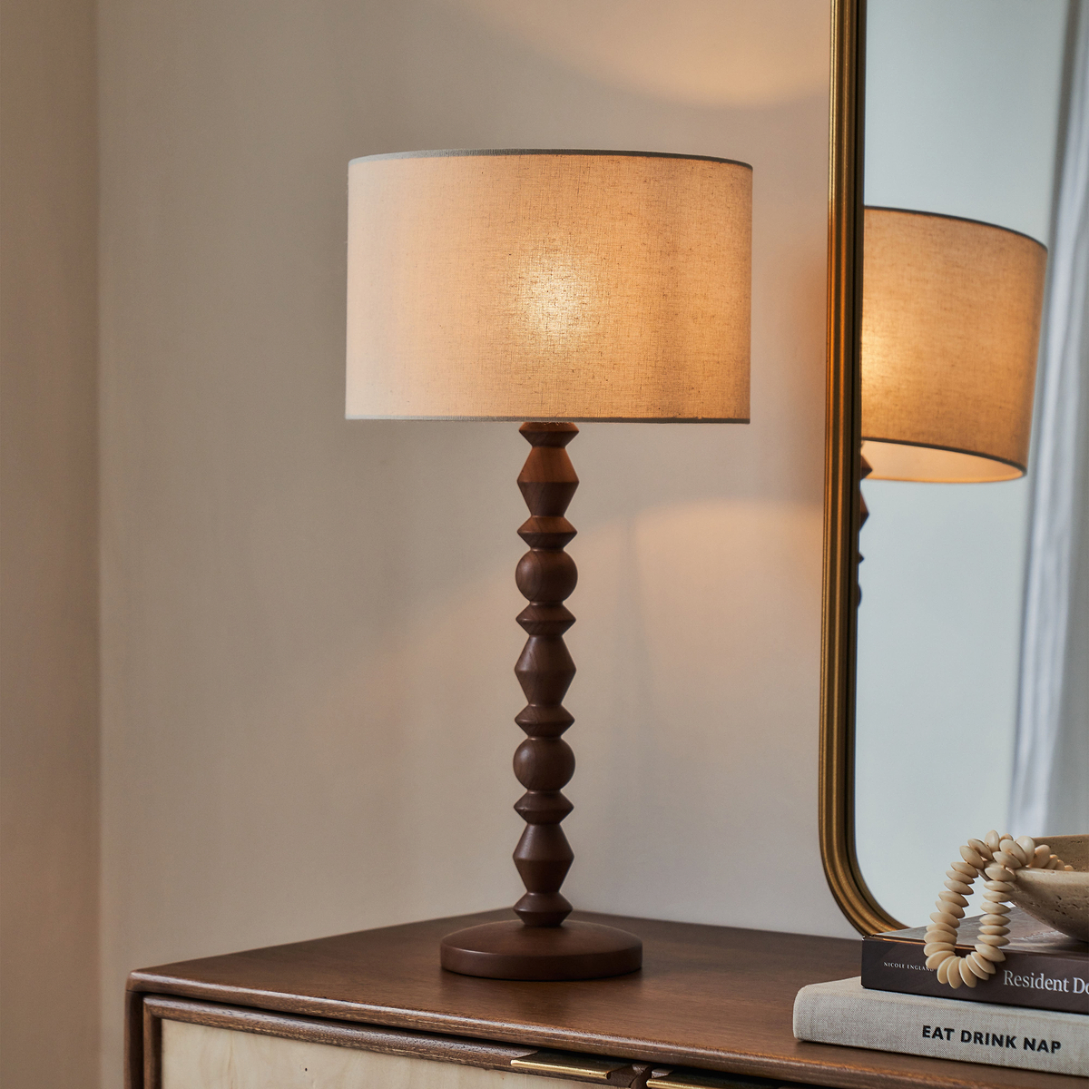Ivy - Dark Wood Drum Shade Table Lamp