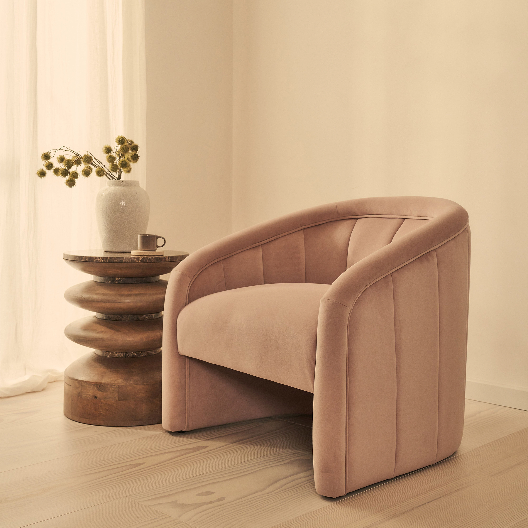 Camille - Curved Velvet Accent Chair Blushed Pink