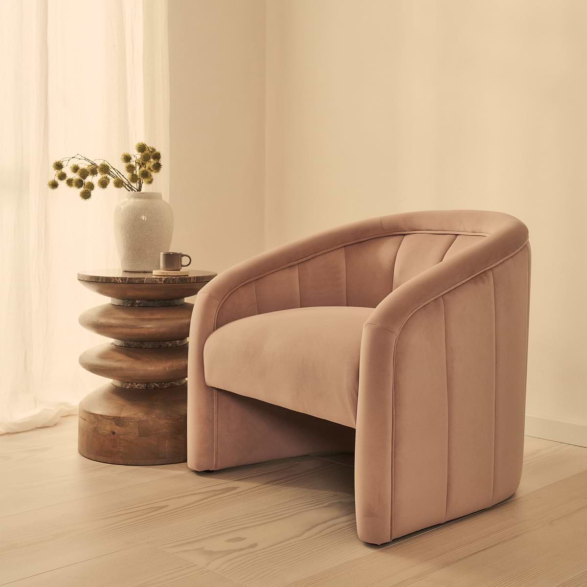 Camille - Curved Velvet Accent Chair Blushed Pink