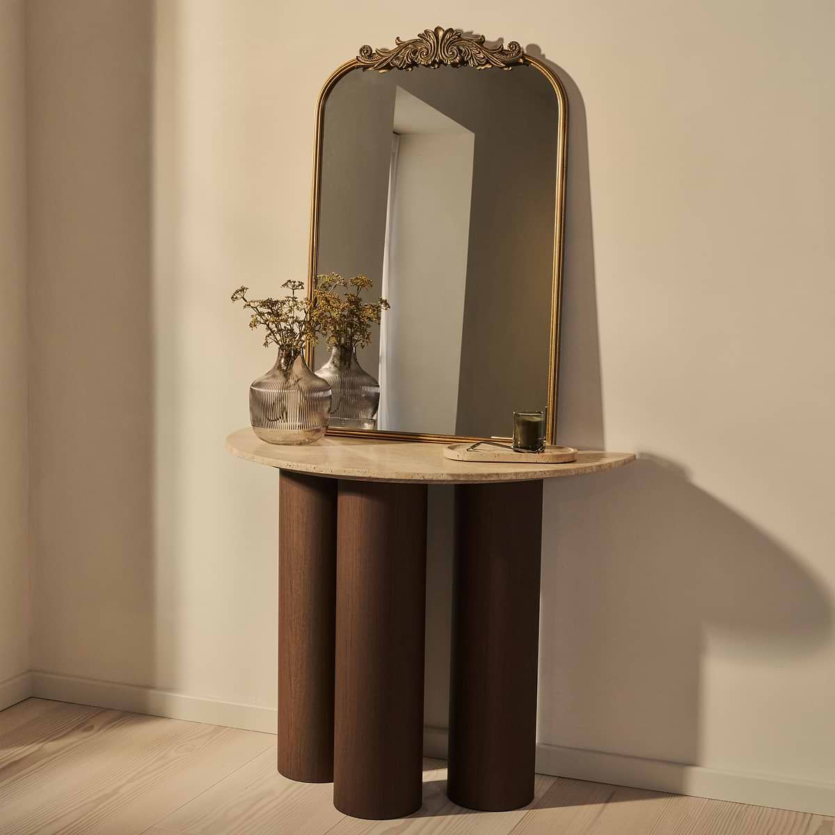 Trivium - Beige Travertine Curved Dark Wood Premium Console Table