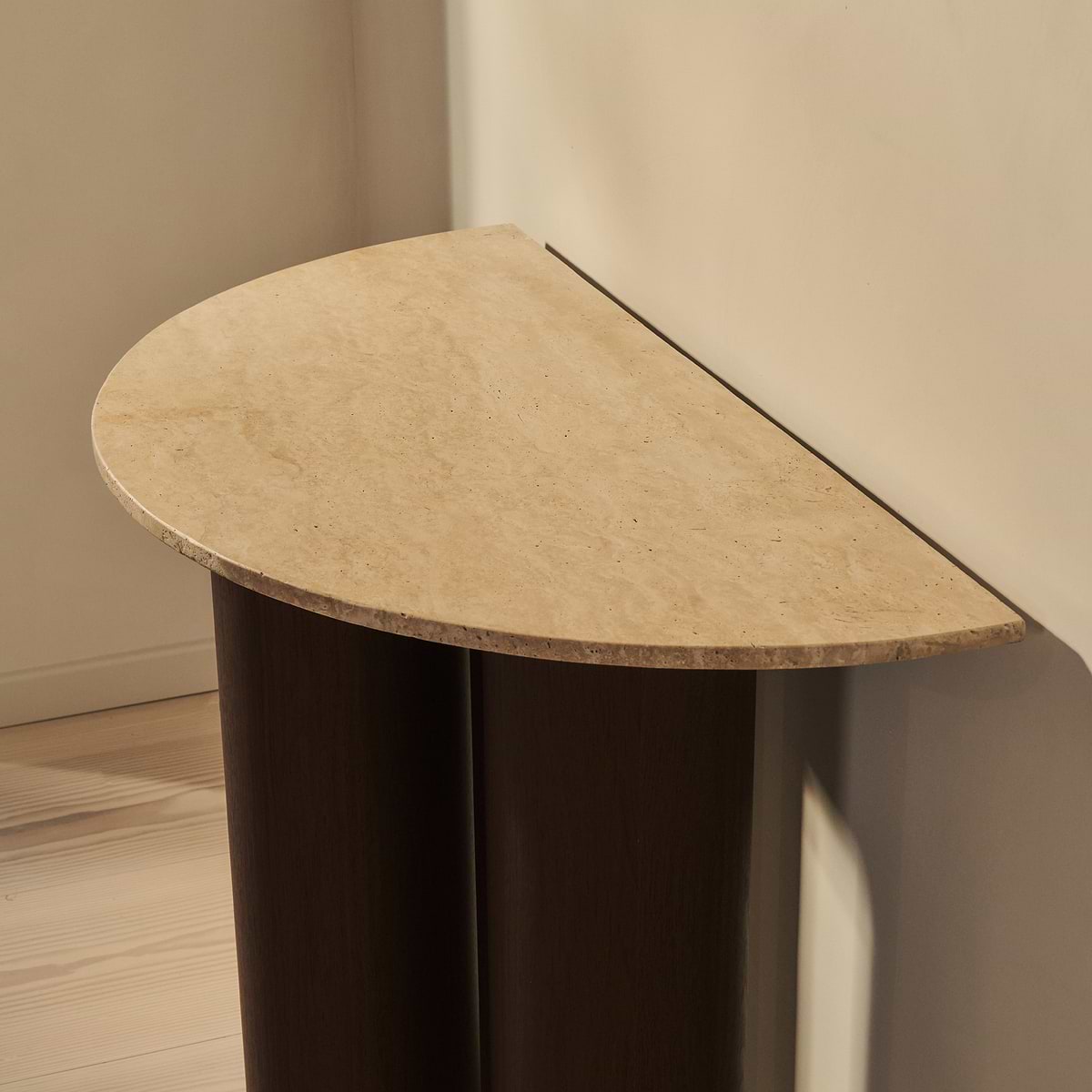 Trivium - Beige Travertine Curved Dark Wood Premium Console Table