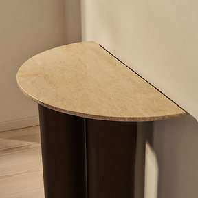 Trivium - Beige Travertine Curved Dark Wood Premium Console Table