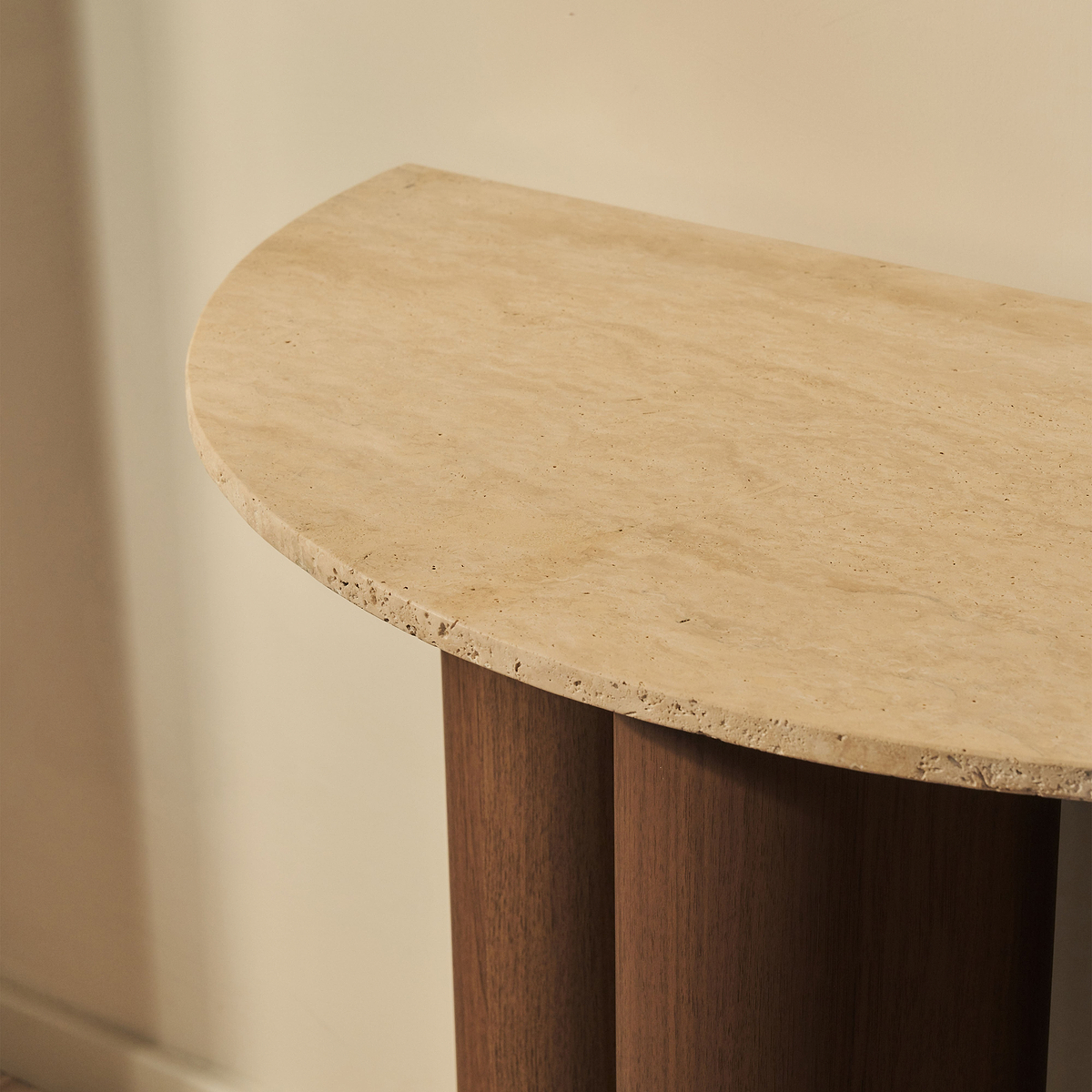 Trivium - Beige Travertine Curved Dark Wood Premium Console Table