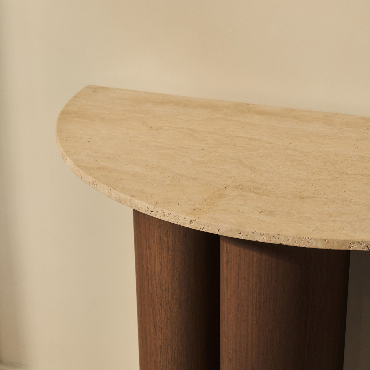Trivium - Beige Travertine Curved Dark Wood Premium Console Table