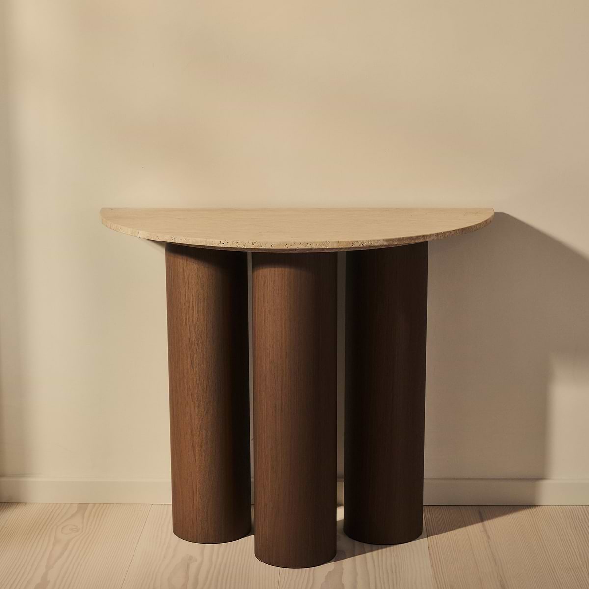 Trivium - Beige Travertine Curved Dark Wood Premium Console Table