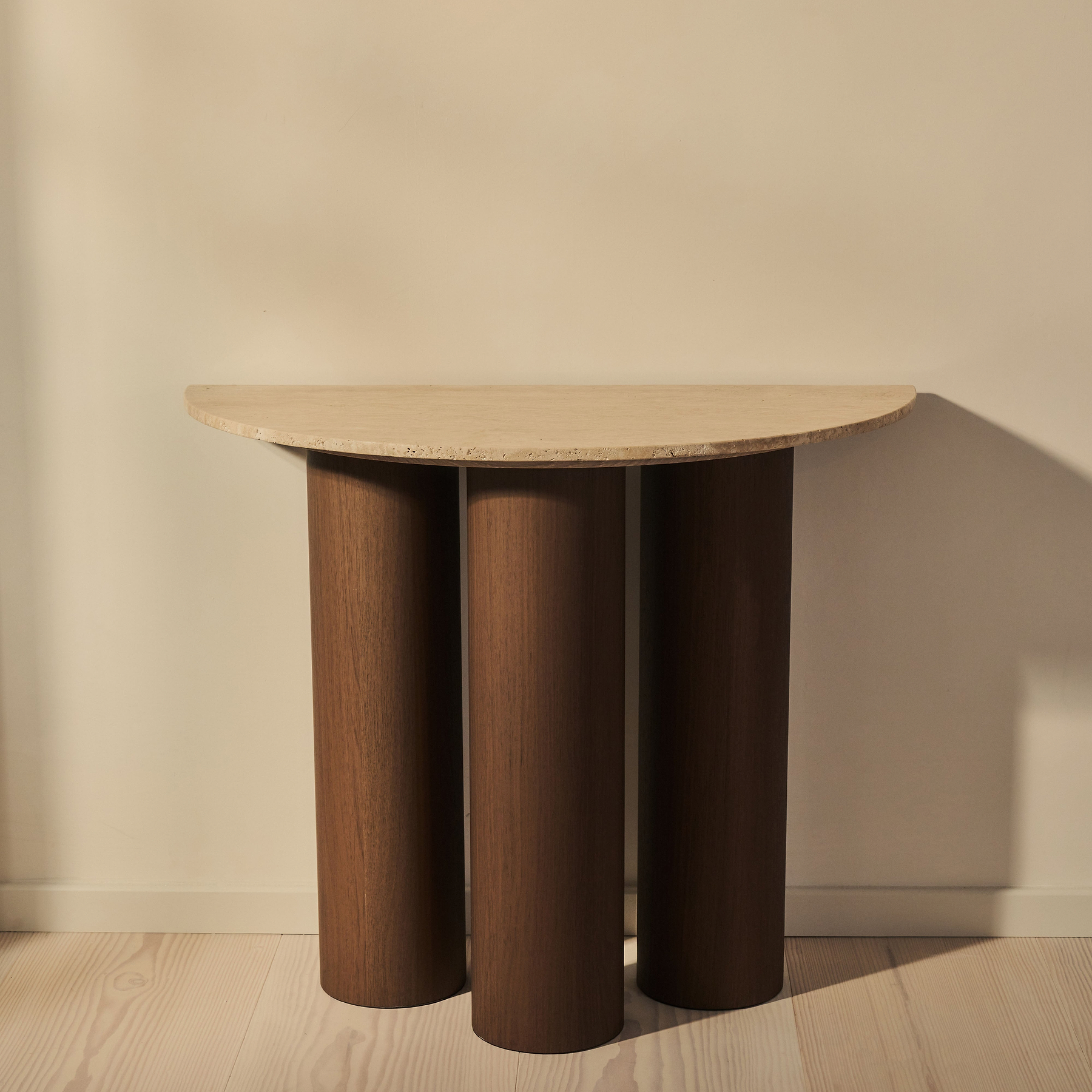 Trivium - Beige Travertine Curved Dark Wood Premium Console Table