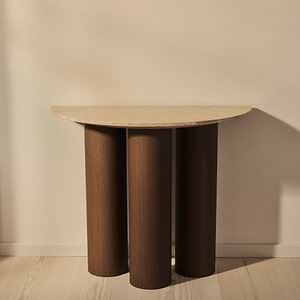 Trivium - Beige Travertine Curved Dark Wood Premium Console Table