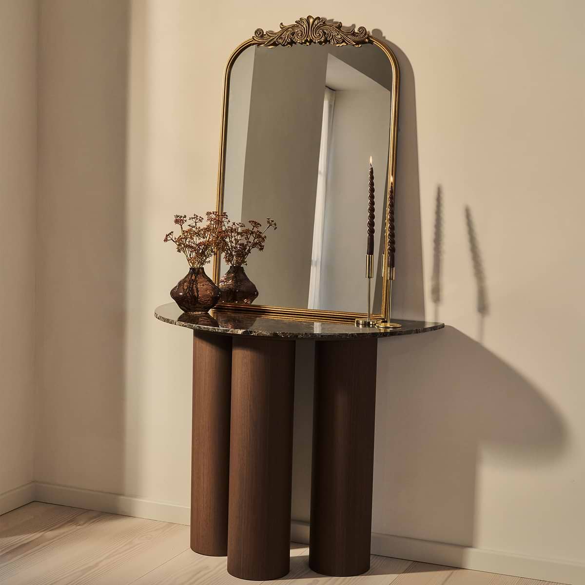 Trivium - Dark Emperador Curved Dark Wood Premium Console Table