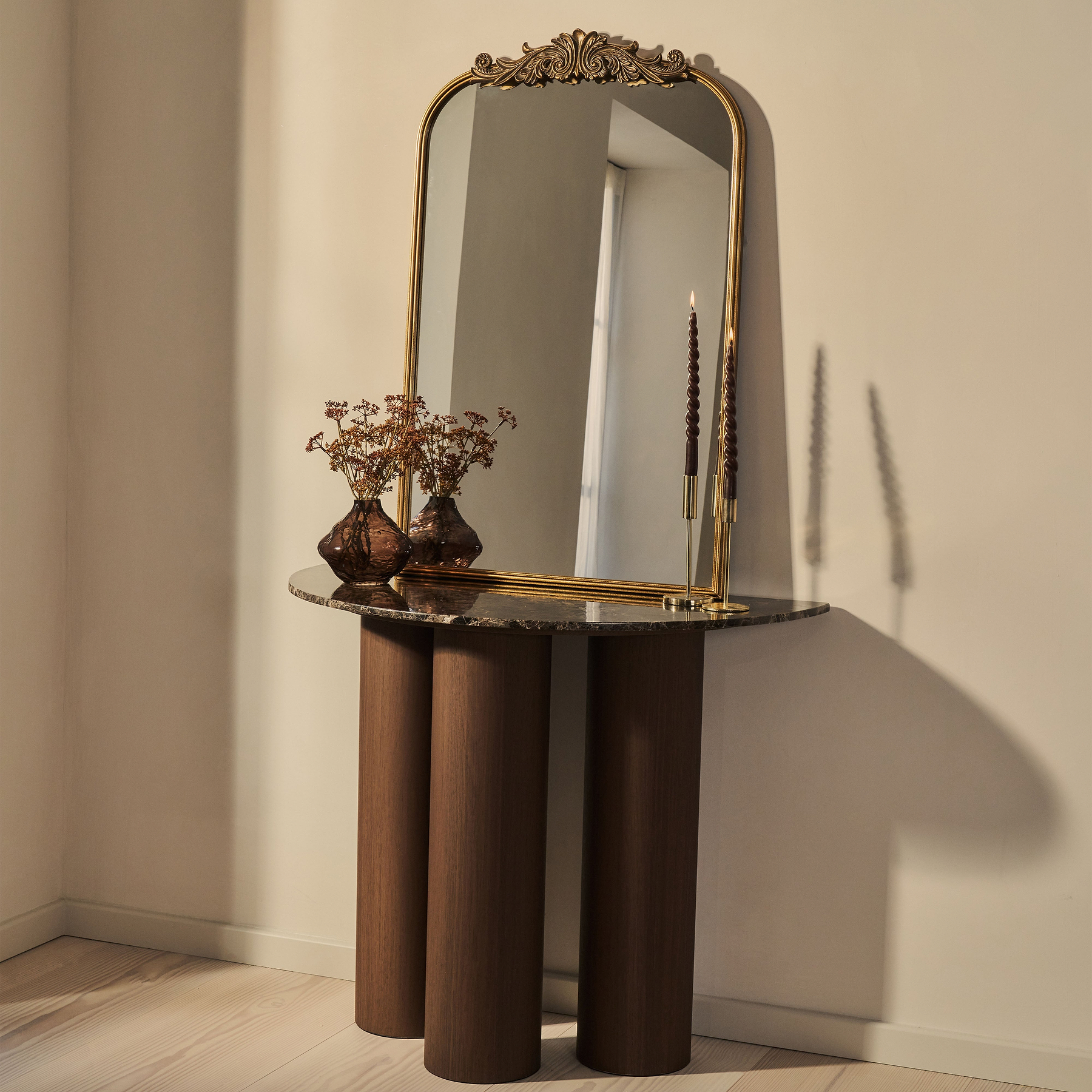 Trivium - Dark Emperador Curved Dark Wood Premium Console Table