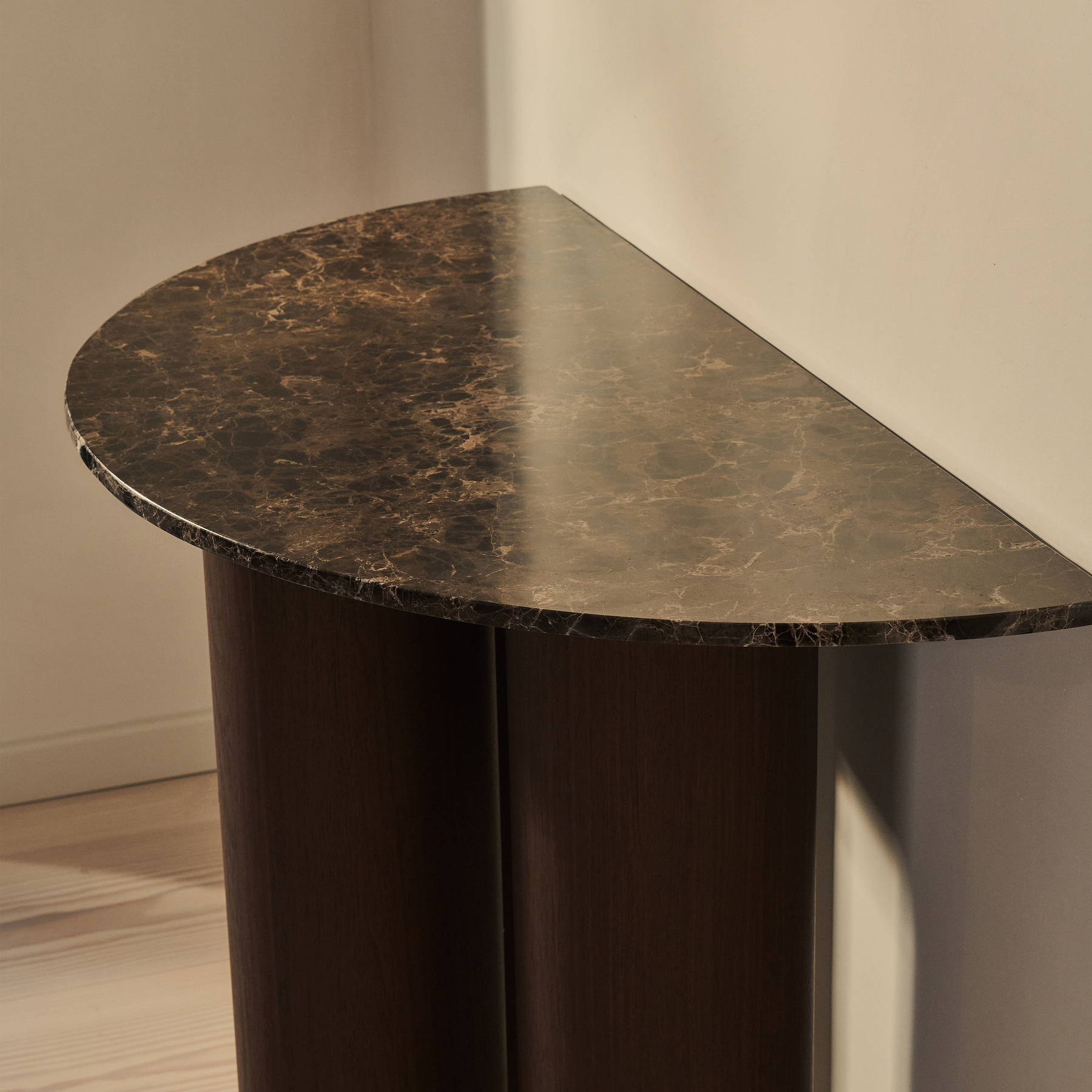 Trivium - Dark Emperador Curved Dark Wood Premium Console Table
