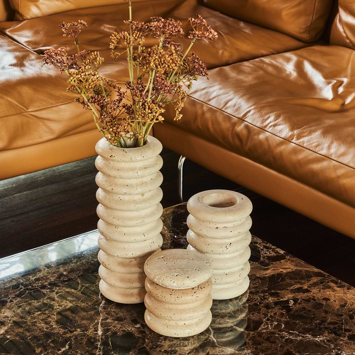 Varella - Large Cream Travertine Ribbed Decorative Vase 25cm