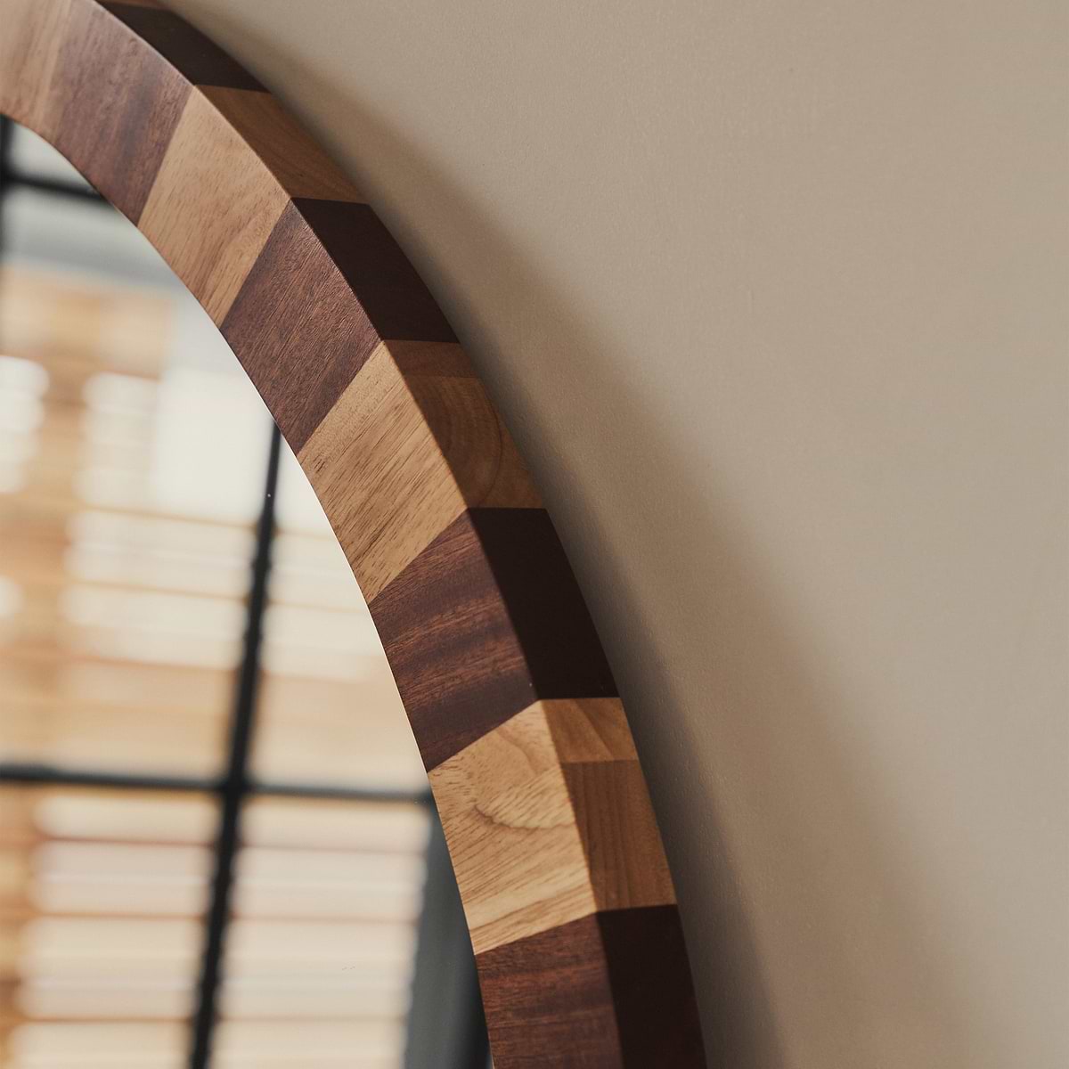 Tessera - Dark Wood & Light Wood Chequered Round Wooden Mirror 90cm x 90cm