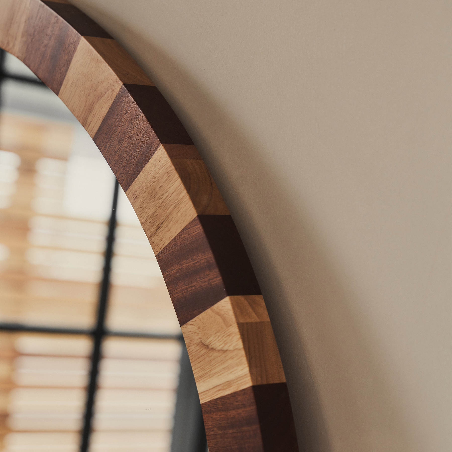 Tessera - Dark Wood & Light Wood Chequered Round Wooden Mirror 90cm x 90cm