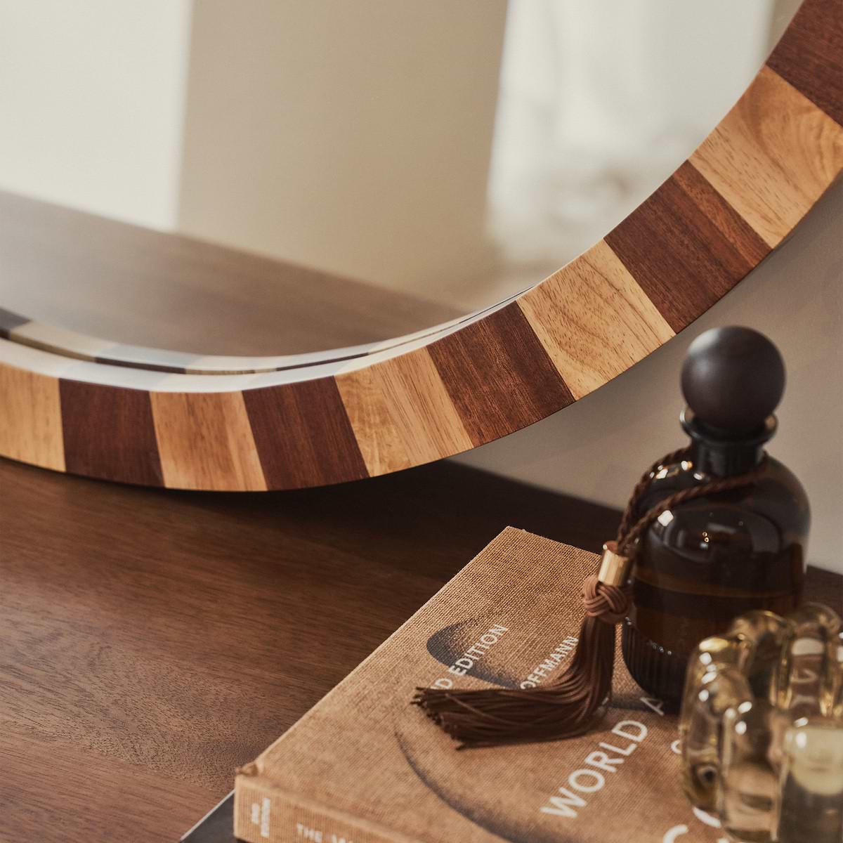 Tessera - Dark Wood & Light Wood Chequered Round Wooden Mirror 90cm x 90cm