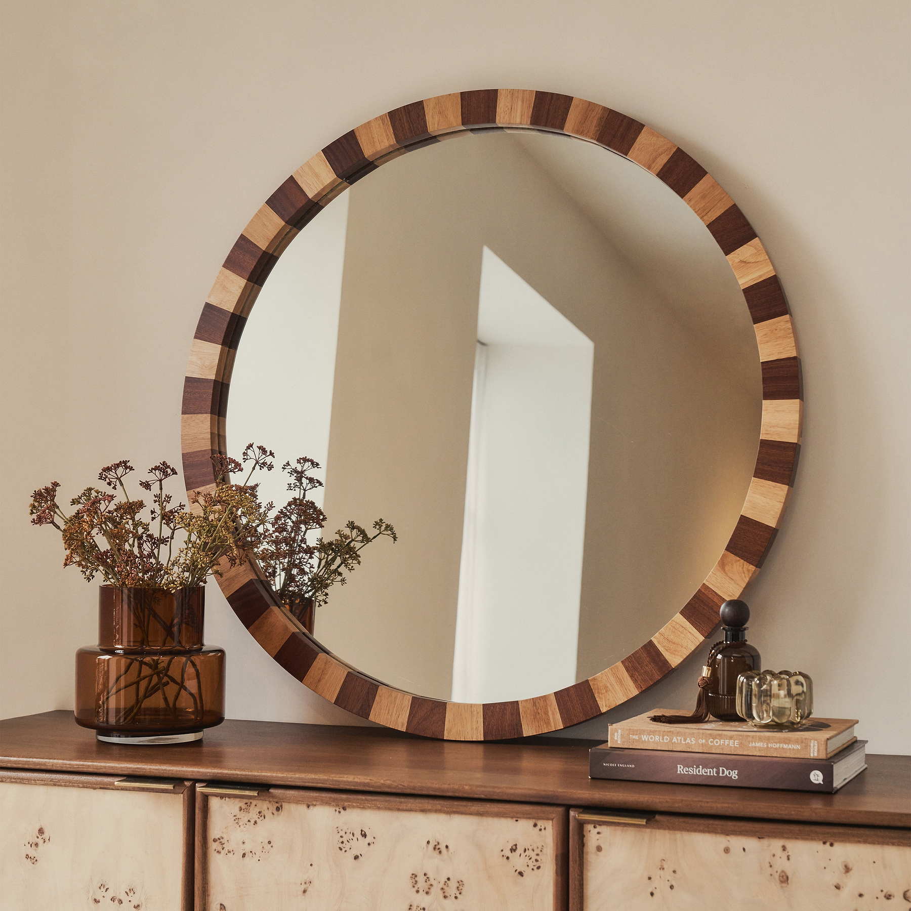 Tessera - Dark Wood & Light Wood Chequered Round Wooden Mirror 90cm x 90cm
