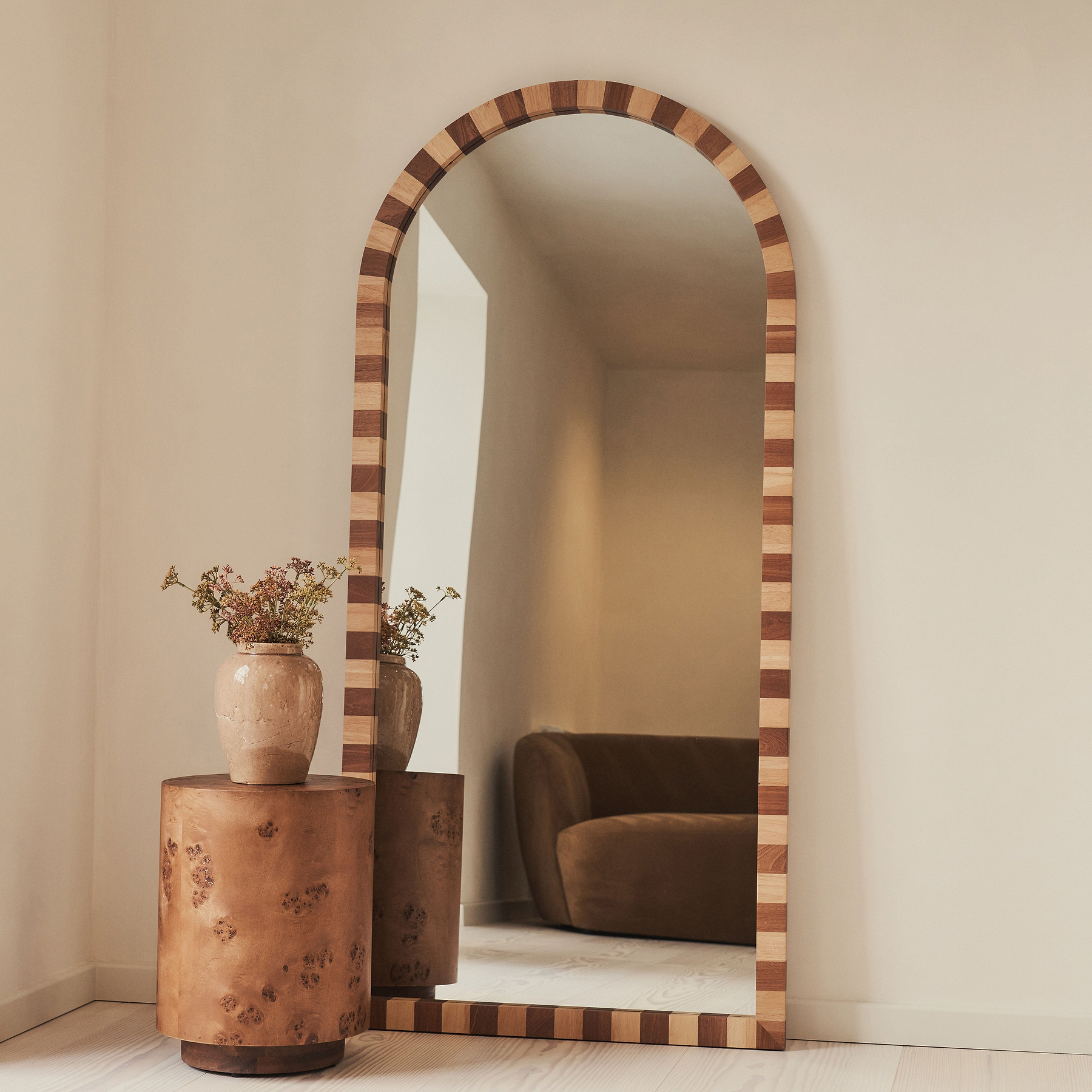 Tessera - Dark Wood & Light Wood Chequered Arched Wooden Mirror 170cm x 80cm