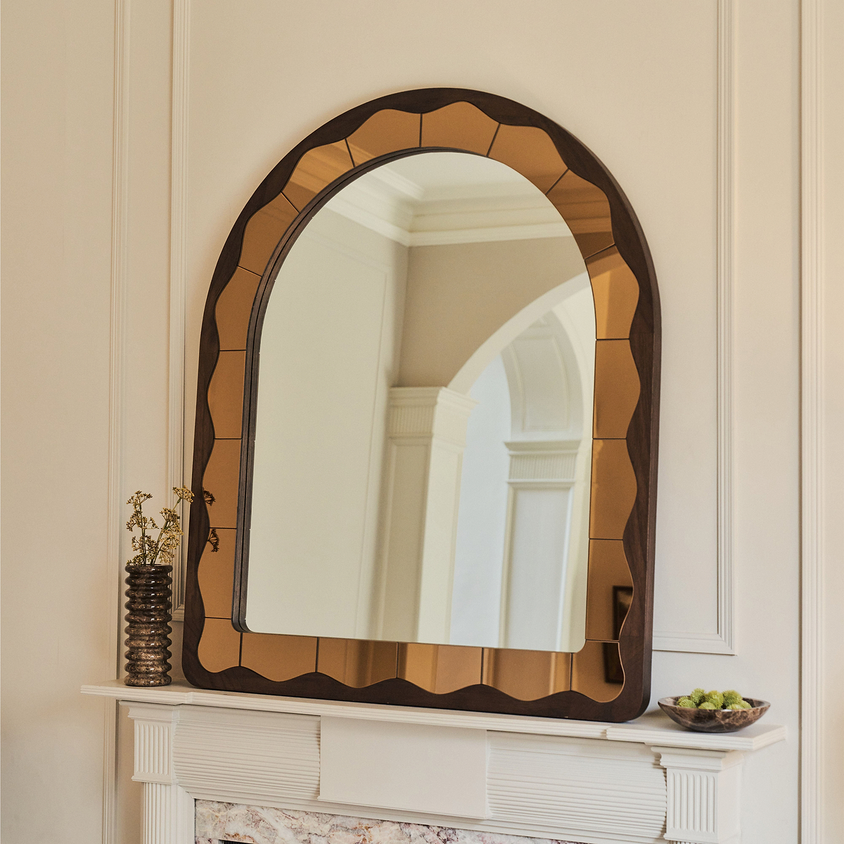 Mirella - Dark Wood Arched Wooden Overmantle Mirror 120cm x 100cm