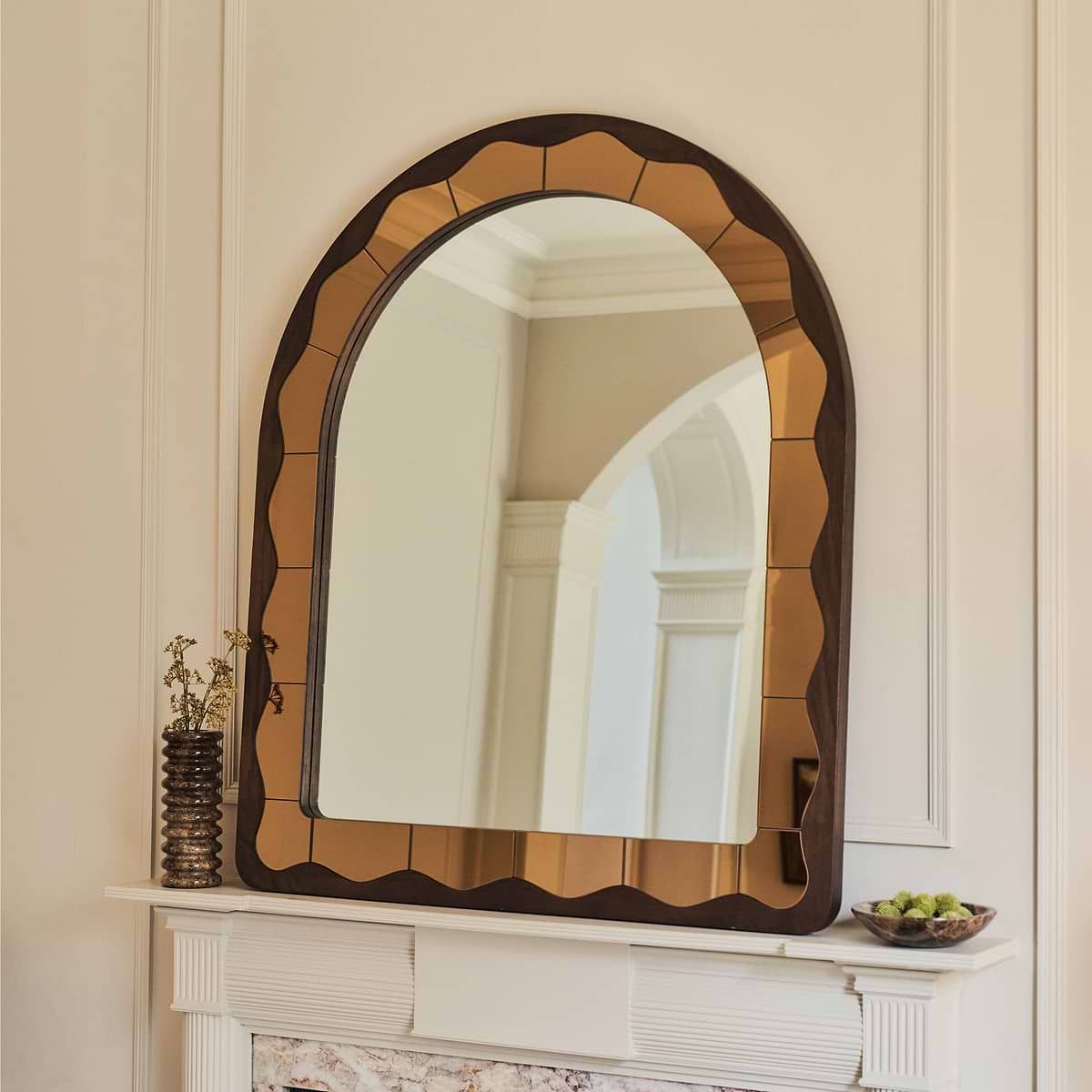 Mirella - Dark Wood Arched Wooden Overmantle Mirror 120cm x 100cm