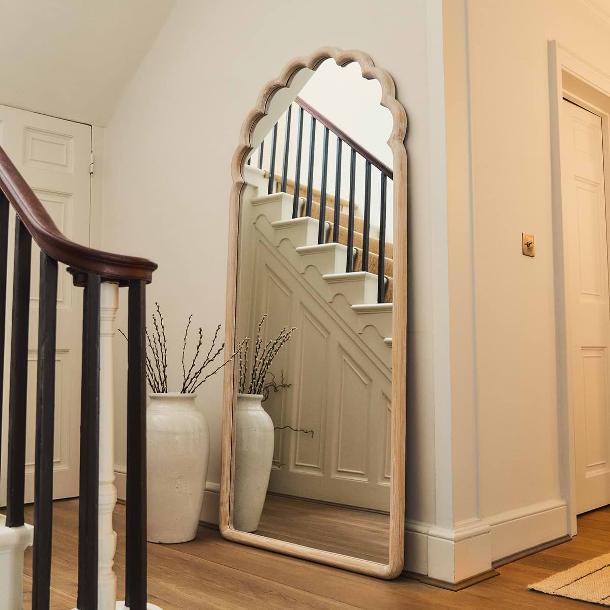 Safi - Full Length Large Arched White Washed Wood Mirror 190cm x 90cm