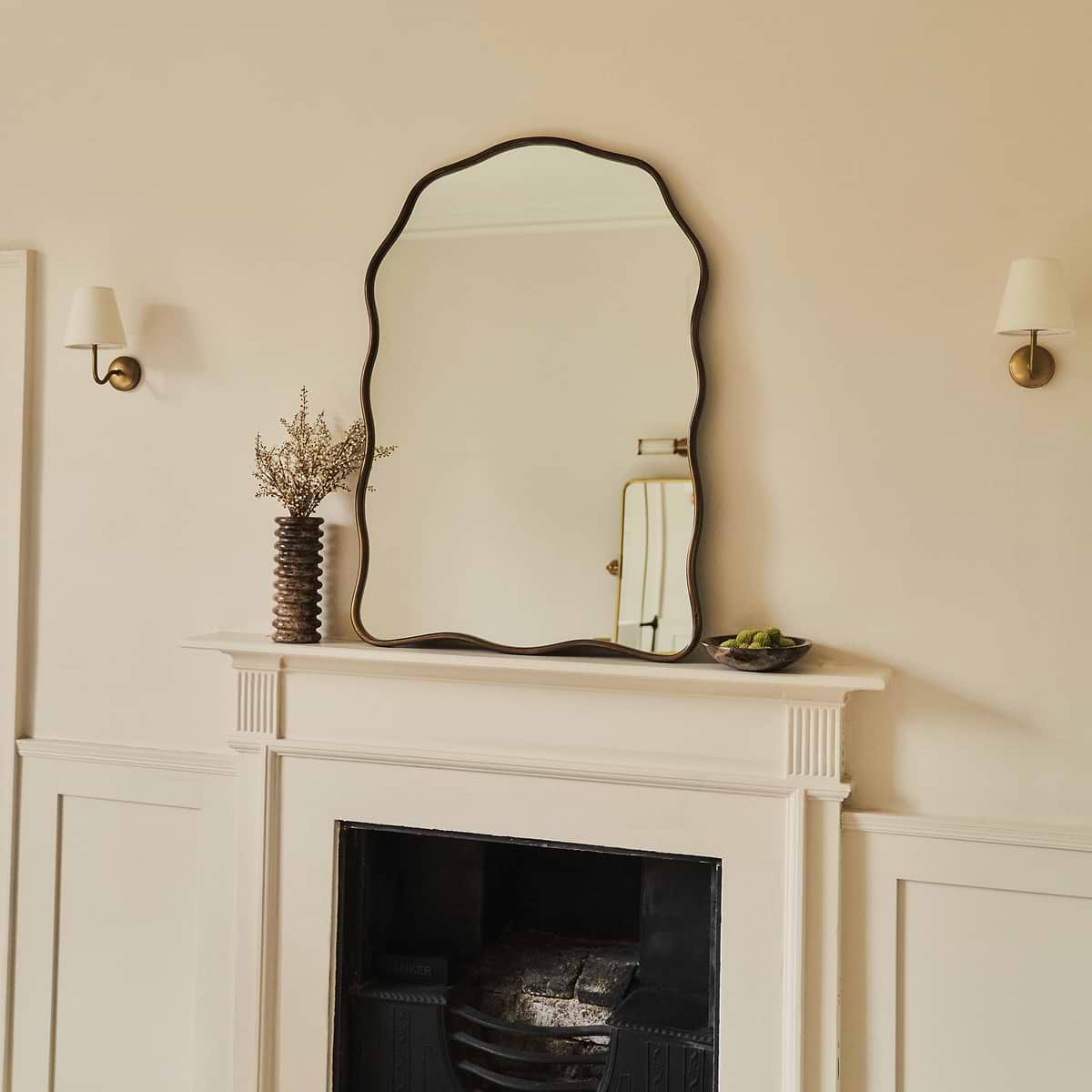 Sabrina - Antique Bronze Wavy Arched Metal Overmantle Mirror 100cm x 70cm