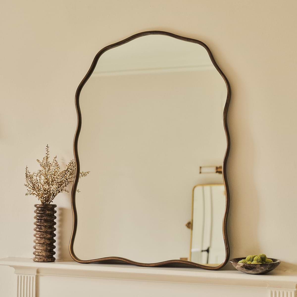 Sabrina - Antique Bronze Wavy Arched Metal Overmantle Mirror 100cm x 70cm