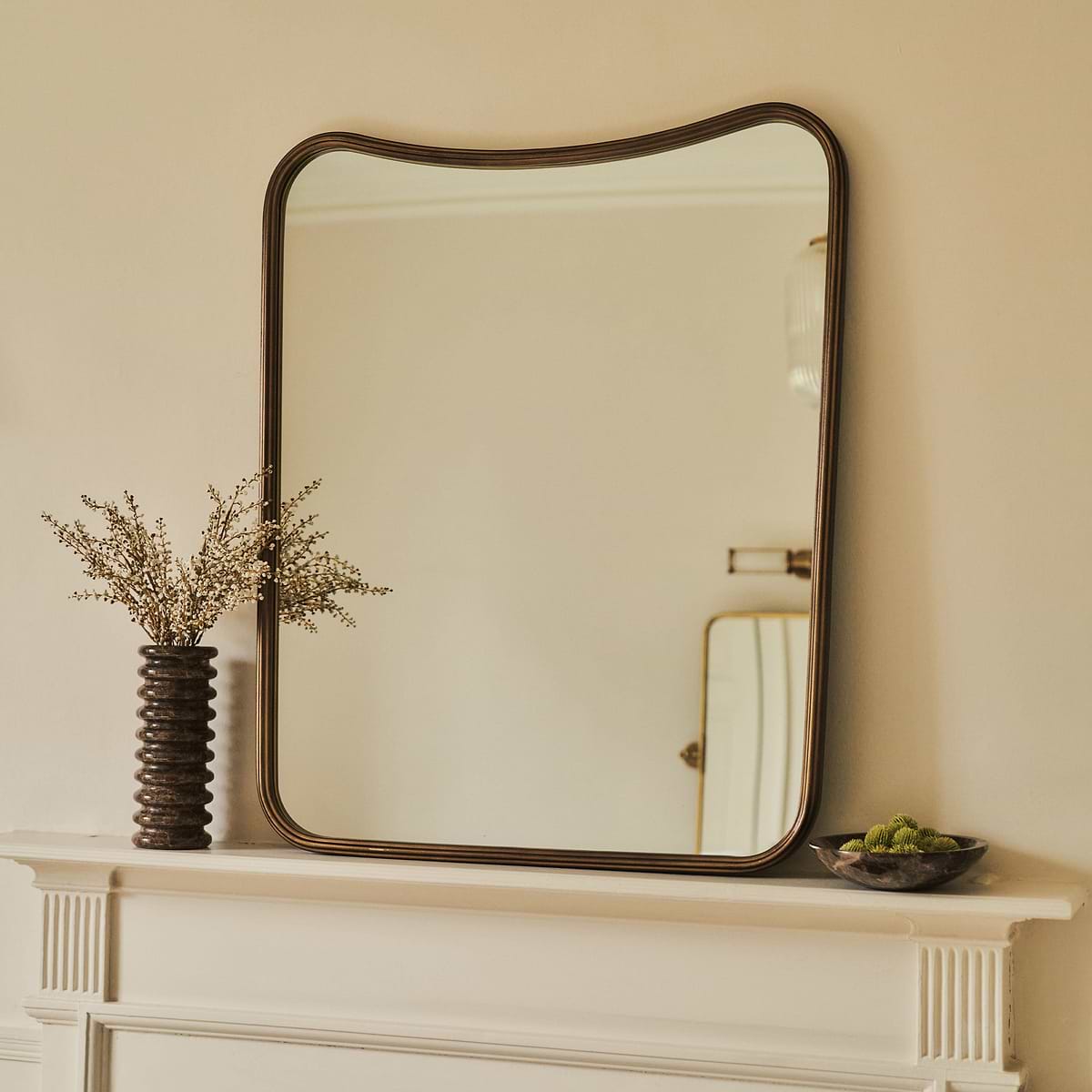 Louis - Antique Bronze Curved Metal Overmantle Mirror 90cm x 75cm