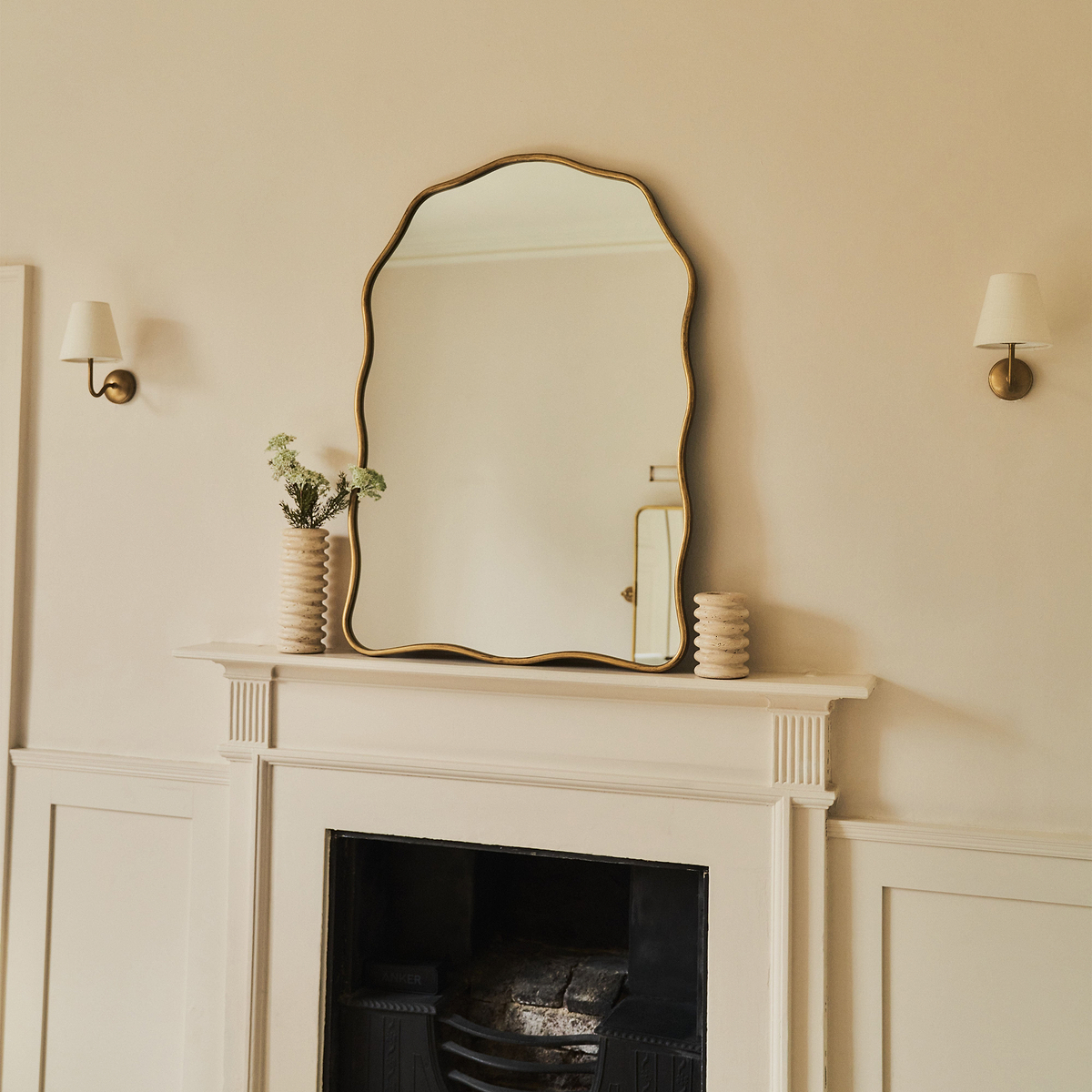 Sabrina - Gold Wavy Arched Metal Overmantle Mirror 100cm x 70cm