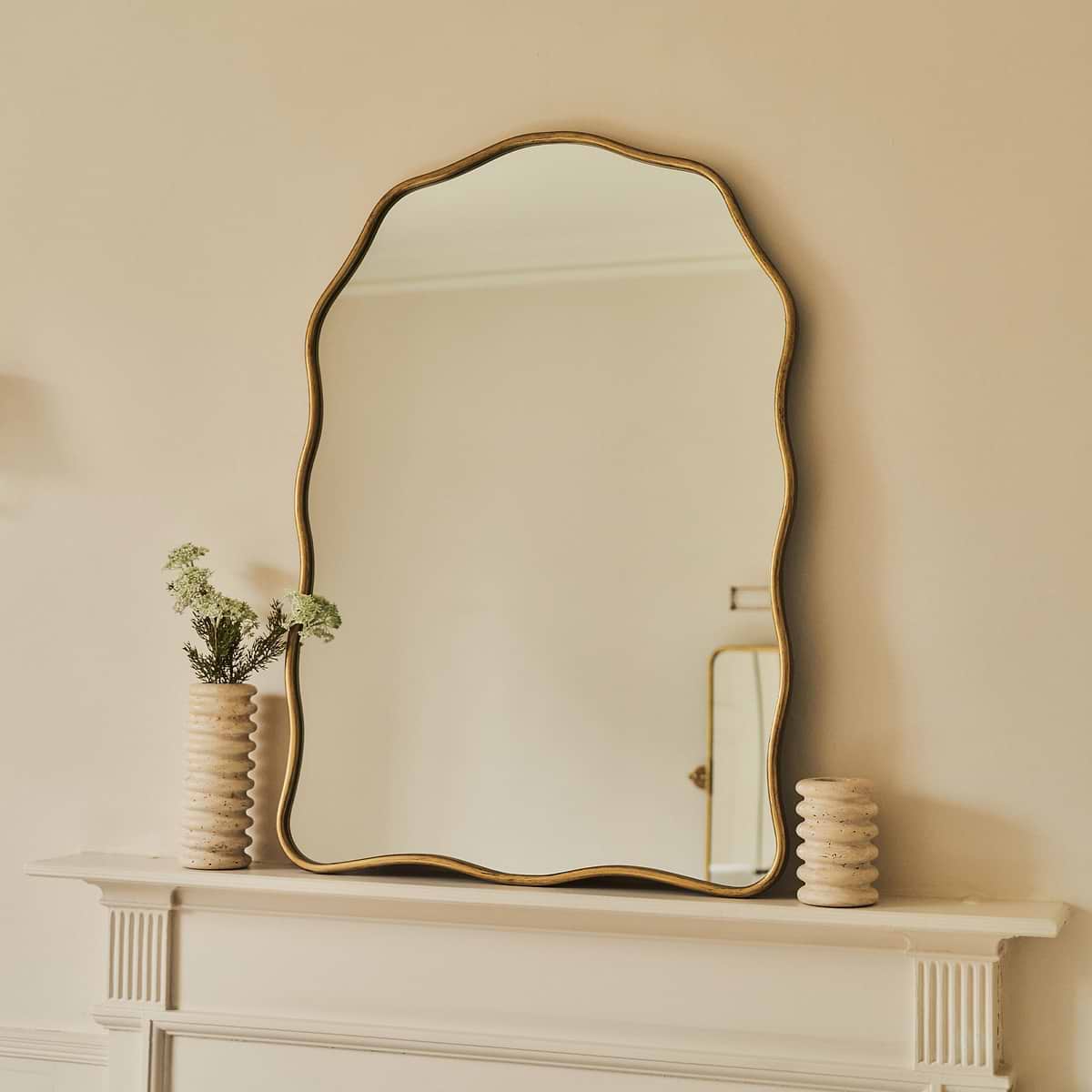 Sabrina - Gold Wavy Arched Metal Overmantle Mirror 100cm x 70cm
