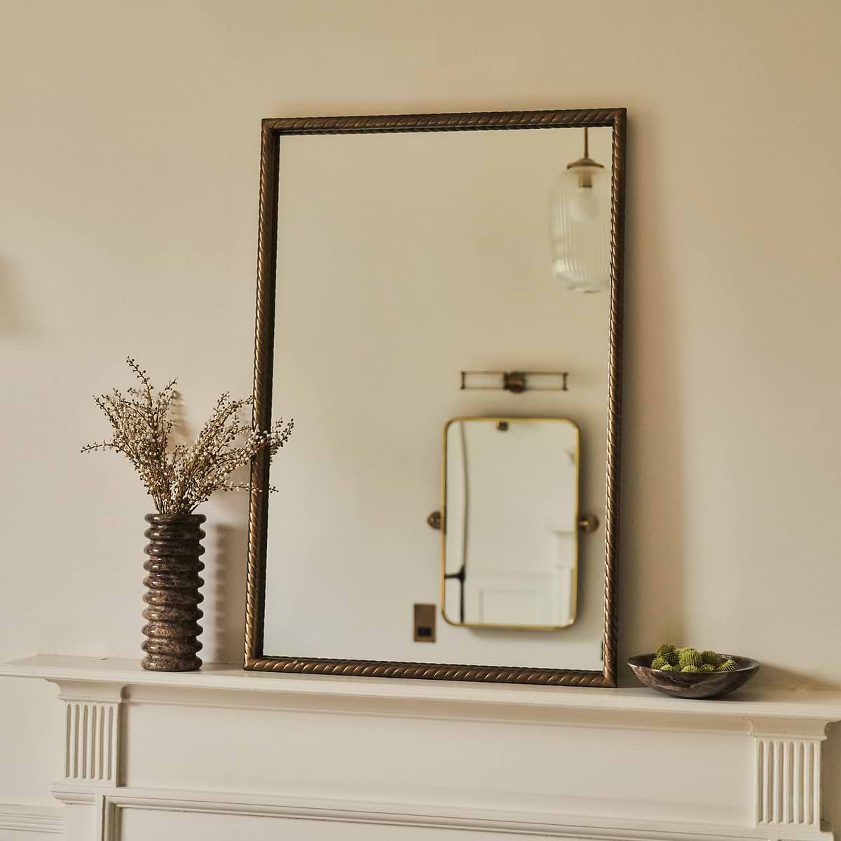 Corra - Antique Bronze Rope Twist Metal Overmantle Mirror 90cm x 60cm