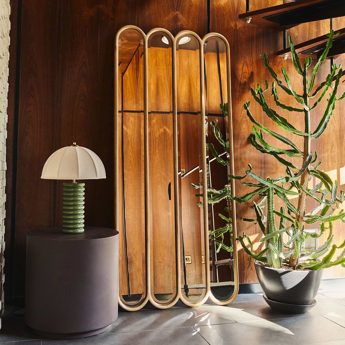 Reims - Warm Wood Full Length Arched Panel Wooden Mirror 180cm x 80cm