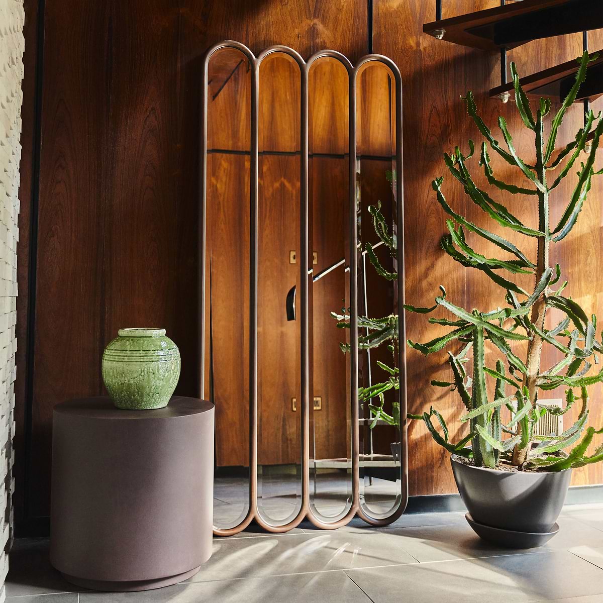 Reims - Dark Wood Full Length Arched Panel Wooden Mirror 180cm x 80cm