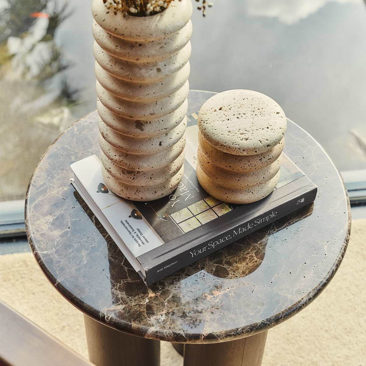 Varella - Cream Travertine Ribbed Decorative Storage Jar