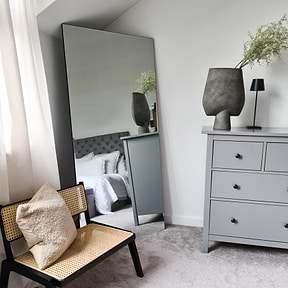 Large Frameless Full Length Rectangular Mirror by console table