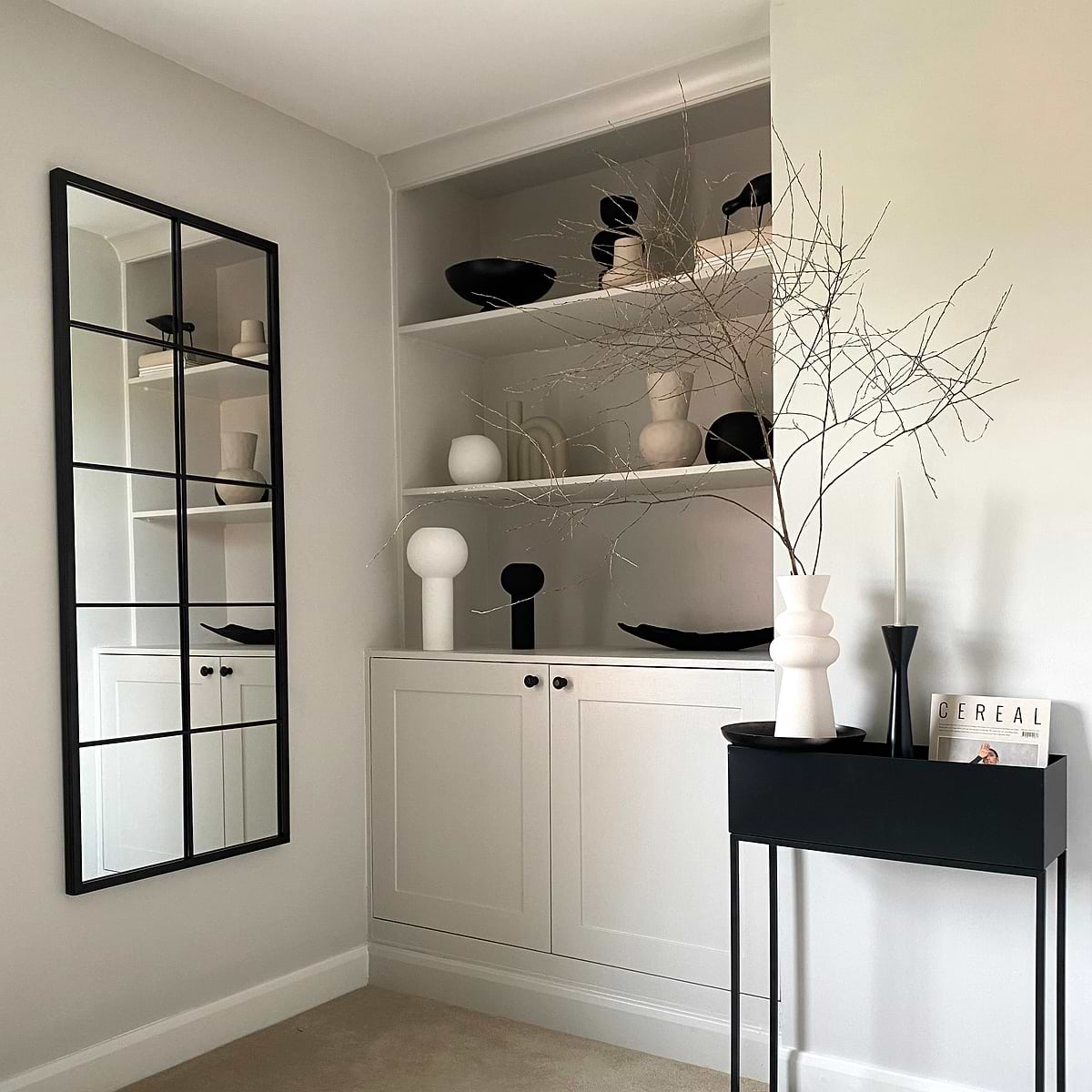 Black Industrial Full Length Metal Window Mirror on wall in lounge