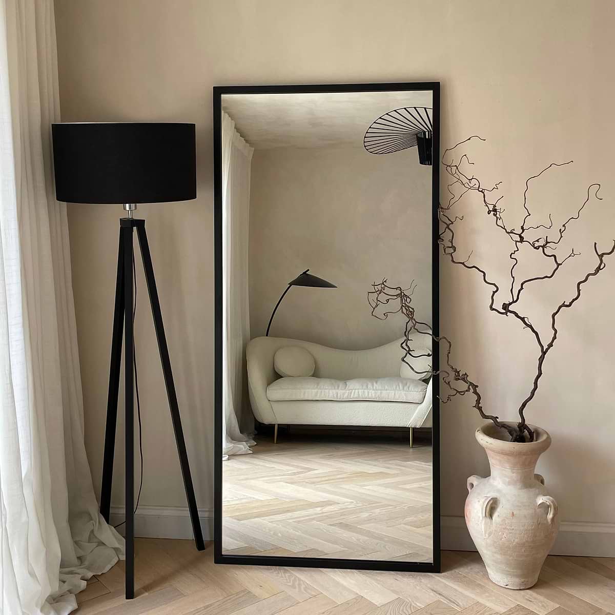 Full Length Black Industrial Metal Mirror in living room