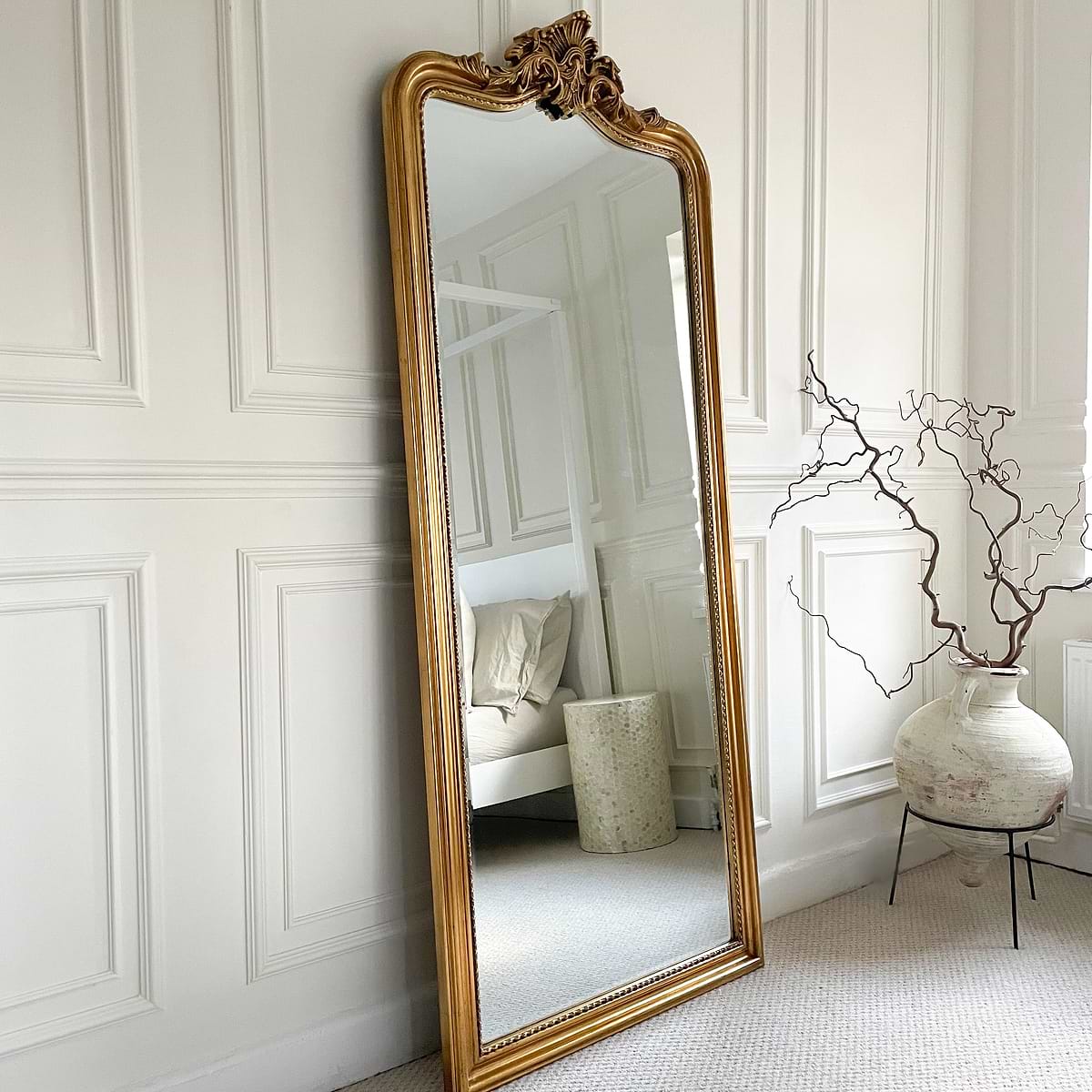 Gold Full Length Arched Mirror as a bedroom lean to