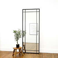 Black industrial full length metal mirror leaning against wall adjacent to plant