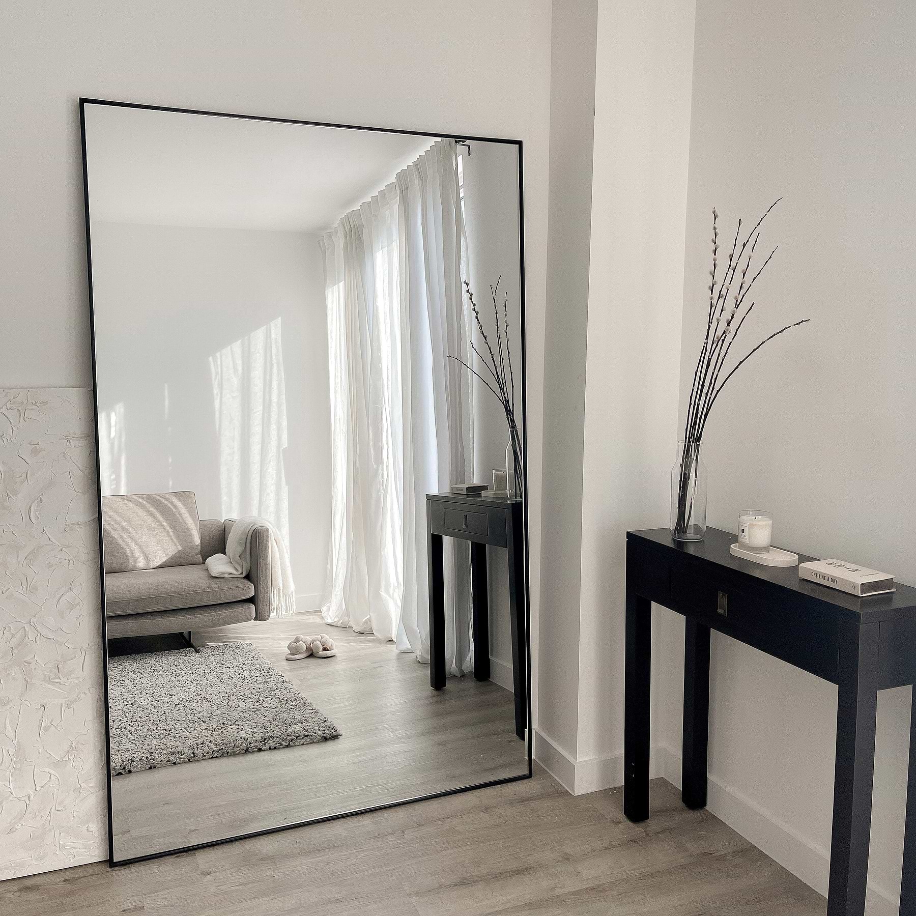 Spiegel in volledige lengte 162 x 53 cm, staande spiegel met eenvoudig frame, grote HD-wandspiegel met haak, reflectie van transparant HD-glas, onbreekbaar en licht (zwart, 162 x 53 cm Spiegel in volledige lengte 162 x 53 cm, staande spiegel met eenvoudig frame, grote HD-wandspiegel met haak, reflectie van transparant HD-glas, onbreekbaar en licht (zwart, 162 x 53 cm
