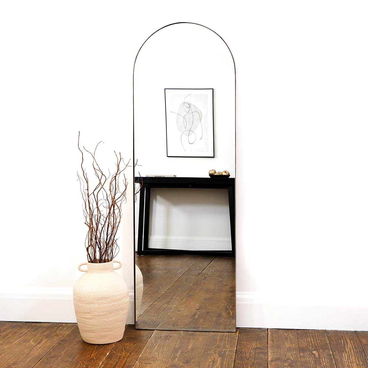 Full Length Gold Arched Large Metal Mirror as a living room lean to