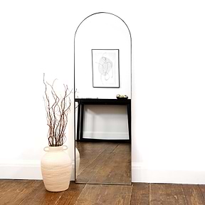 Full Length Gold Arched Large Metal Mirror as a living room lean to