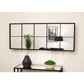 Black Industrial Full Length Metal Window Mirror displayed horizontally on wall