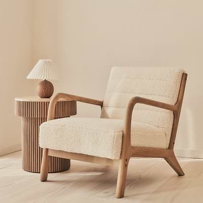 Hudson - Boucle Accent Chair Ivory & Warm Wood