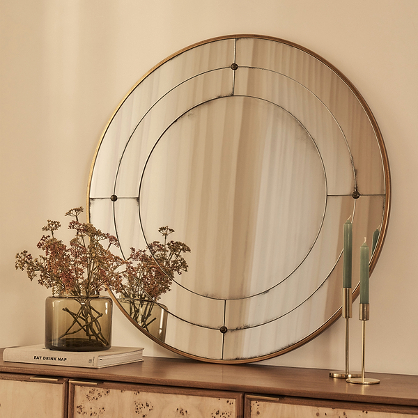 Teramo - Gold Antique Glass Round Metal Wall Mirror 90cm x 90cm